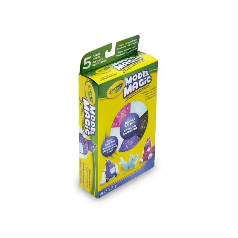 Crayola Model Magic packaging featuring five single color packs, including purple, blue, and pink shimmer colors.