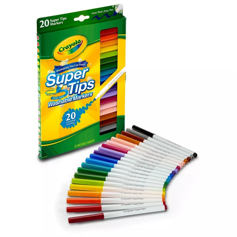 Crayola Washable Super Tips Markers set includes 20 colorful markers arranged in a fan shape.