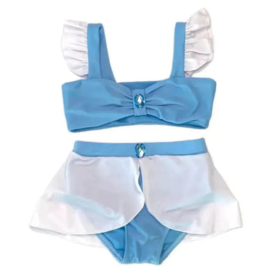 Two-piece swim suit inspired by Cinderella, featuring a light blue top with ruffle sleeves and flared white skirt.