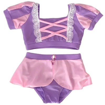 Two-piece swim suit inspired by Rapunzel, featuring a purple top with lace detailing and a pink skirted bottom.