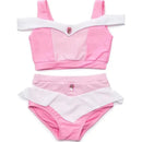 Pink two-piece swimsuit set featuring a crop top and high-waisted bottom with a ruffled design and gem detail.