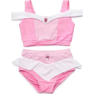 Pink two-piece swimsuit set featuring a crop top and high-waisted bottom with a ruffled design and gem detail.