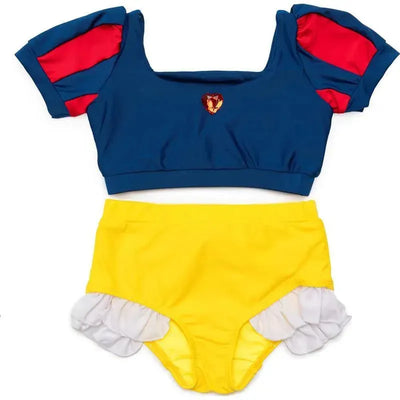 Swim suit set inspired by Snow White, featuring a blue top with red sleeves and a yellow bottom with white ruffles.