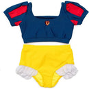 Swim suit set inspired by Snow White, featuring a blue top with red sleeves and a yellow bottom with white ruffles.