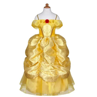 Deluxe Disney Belle dress in yellow satin, featuring off-shoulder sleeves and a decorative red rose.