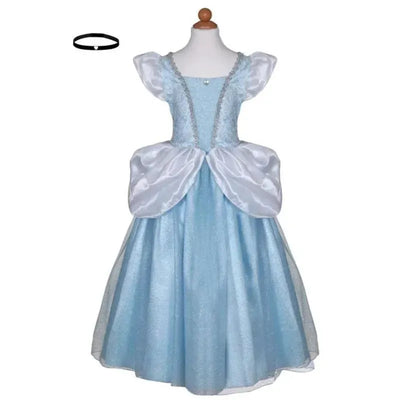 Deluxe Disney Cinderella dress featuring a shimmering blue fabric, white puff sleeves, and decorative detailing, accompanied by a black headband.
