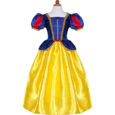 Deluxe Disney Snow White dress featuring a blue bodice, puffed sleeves, and a yellow satin skirt with gold trim.