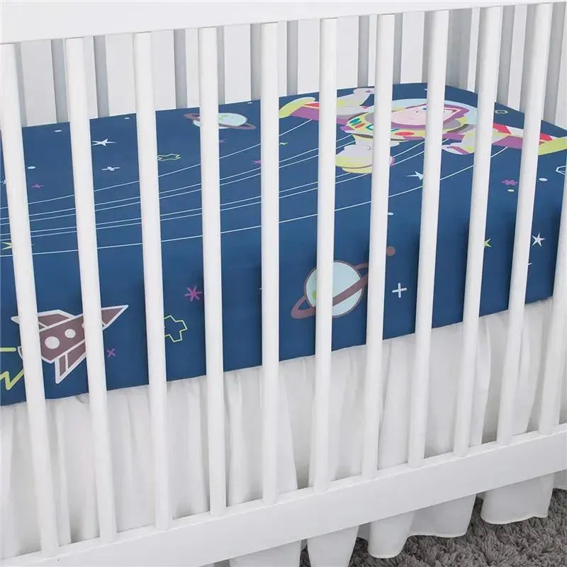 Buzz Lightyear themed fitted crib sheet featuring a blue background with planets, rockets, and stars.