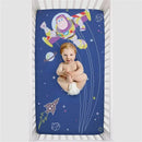 Crown Crafts Disney Buzz Lightyear crib fitted sheet featuring Buzz Lightyear and outer space graphics with a baby in a crib.