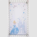 Disney Cinderella crib fitted sheet featuring Cinderella in a blue gown and a castle, adorned with stars and a crown design.