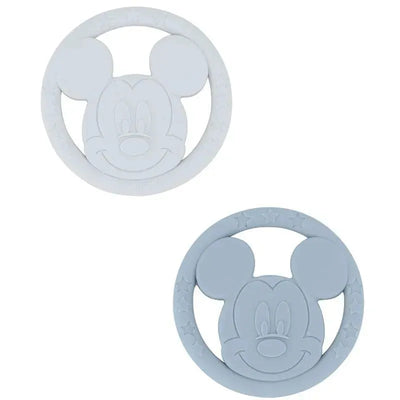 Two silicone teether toys featuring Mickey Mouse design, one in light blue and one in gray, ideal for infants.