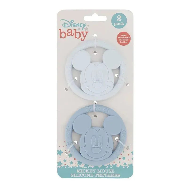 Disney baby silicone teether toy set featuring two Mickey Mouse-shaped teethers on a hanging card.