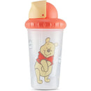 Winnie the Pooh sippy cup with a red lid and an illustration of Pooh smiling, surrounded by honey pot graphics.