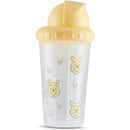 Winnie The Pooh sipper cup featuring a yellow lid and illustrations of Pooh and bees on a translucent body.