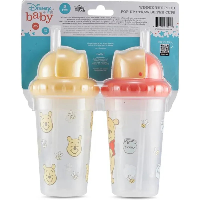Winnie the Pooh 2-pack sipper cups featuring pop-up straws and playful designs of Pooh and bees.