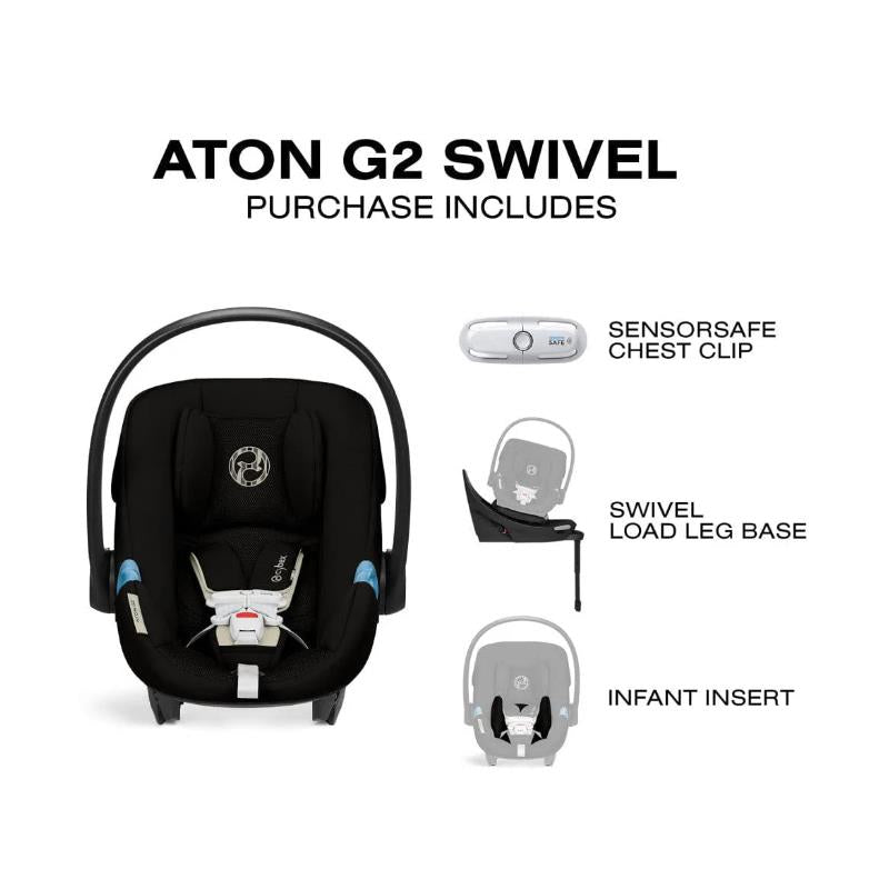 Cybex Aton G2 Swivel Infant Car Seat in Moon Black, includes SensorSafe chest clip, swivel load leg base, and infant insert.