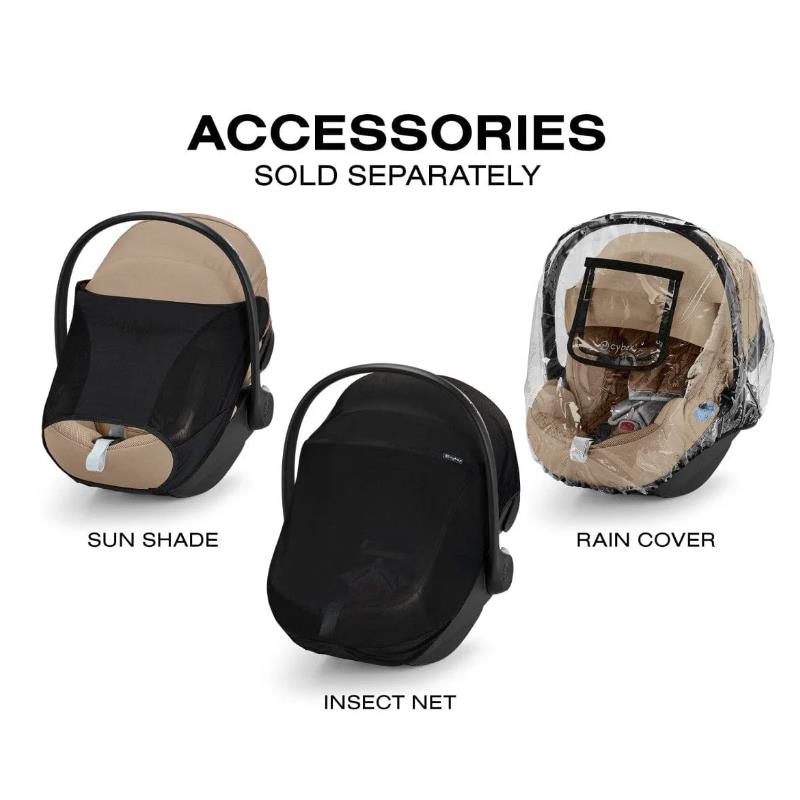 Cybex Aton G2 Swivel Infant Car Seat displayed with available accessories: a sun shade, insect net, and rain cover.