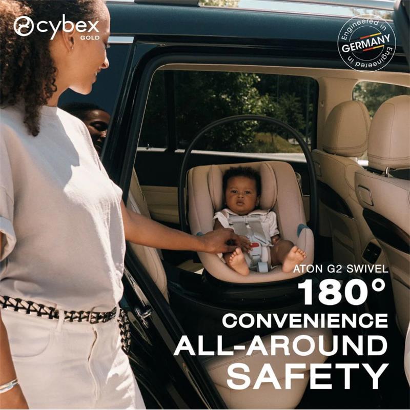 Cybex Aton G2 Swivel infant car seat in stormy blue, featuring a baby secured in the seat, with a woman reaching to adjust it.