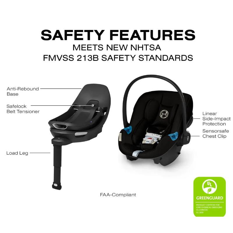 Cybex Aton G2 Swivel Infant Car Seat in Stormy Blue, featuring an anti-rebound base, load leg, and safety highlights.