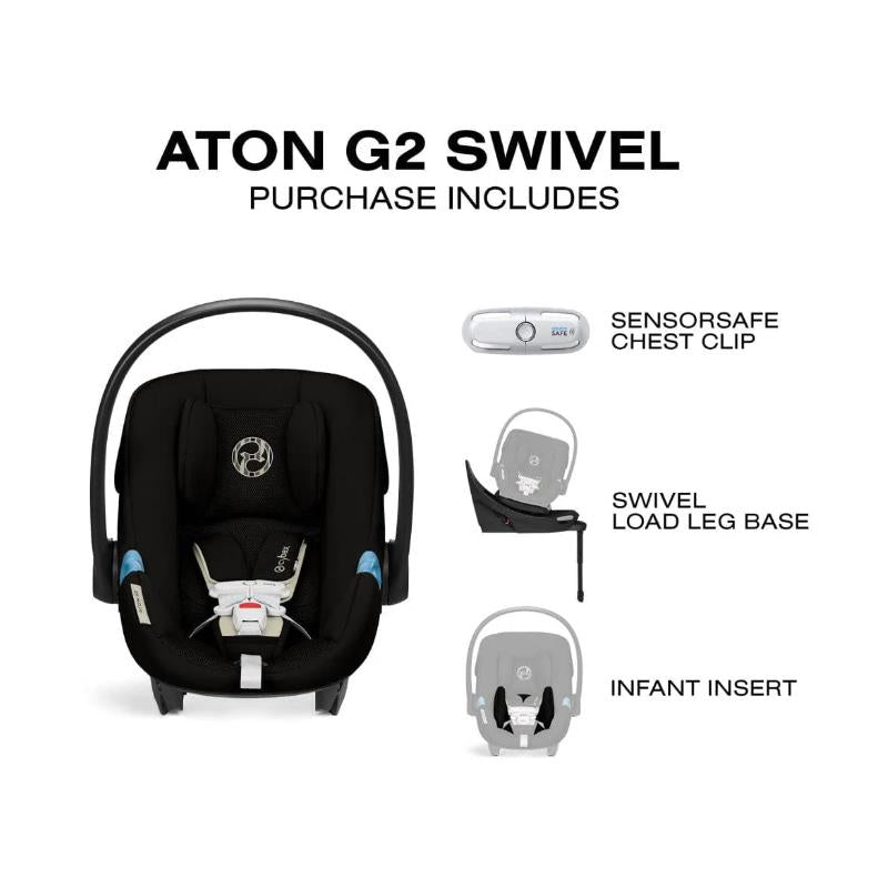 Cybex Aton G2 Swivel infant car seat in Stormy Blue, includes a swivel load leg base, SensorSafe chest clip, and infant insert.