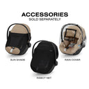Cybex Aton G2 swivel infant car seat with accessories: sun shade, insect net, and rain cover, labeled as sold separately.