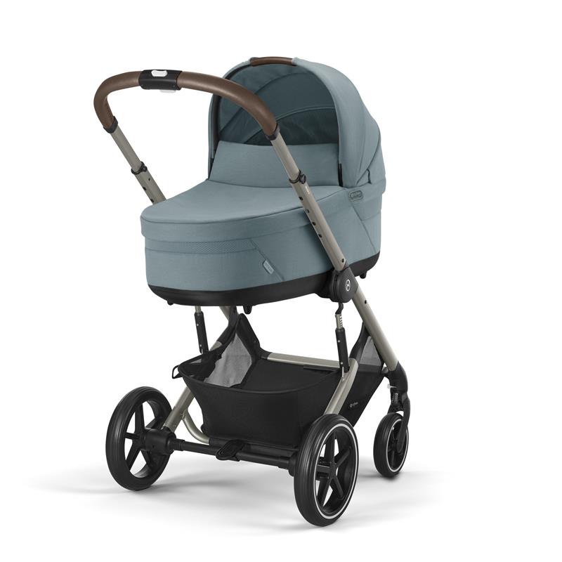 Cybex Balios Cot S Lux in Stone Grey features a sleek design with a padded carrycot and a sturdy stroller frame.