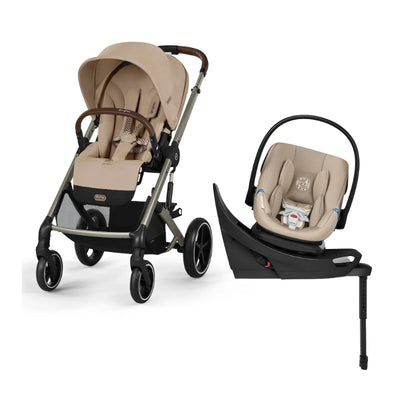 Cybex Balios S Lux stroller in almond beige with Aton G2 infant car seat and base beside it.