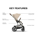 Cybex Balios S Lux stroller in almond beige, showing key features like adjustable handlebar, lie-flat seat, and XXL sun canopy.