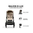 Cybex Balios S Lux stroller in almond beige, featuring safety harness, rain cover, car seat adapters, and cup holder.