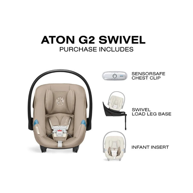 Cybex Aton G2 Swivel infant car seat in almond beige, featuring a chest clip, load leg base, and infant insert.