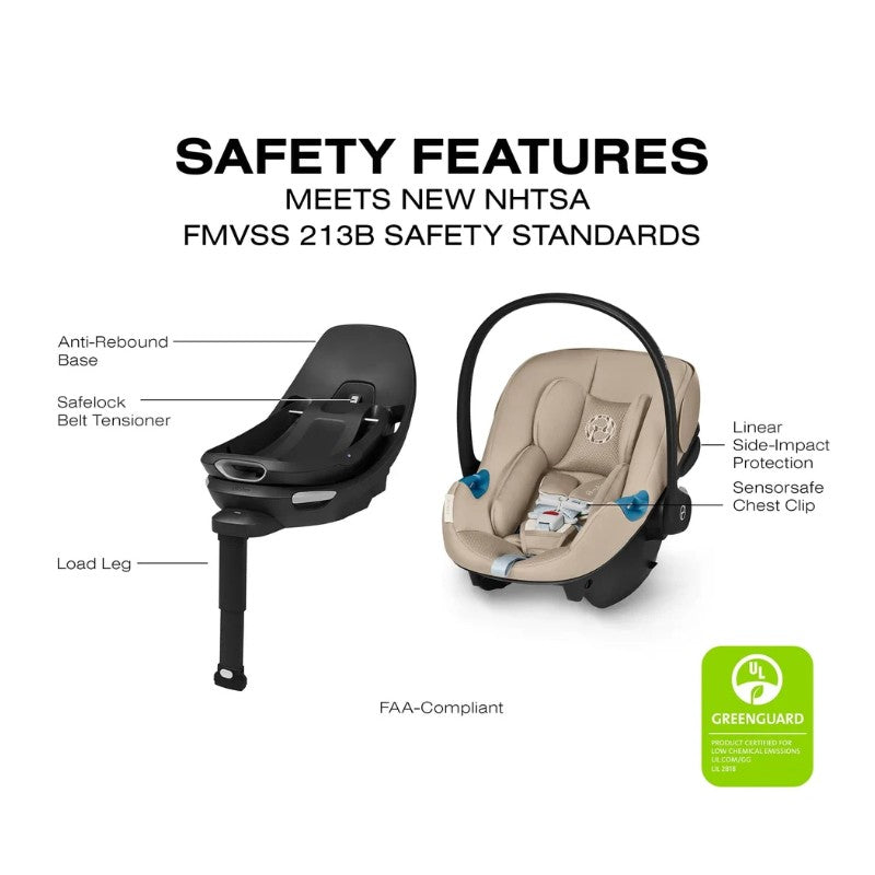 Cybex Balios S Lux + Aton G2 travel system featuring a beige infant car seat and base, detailing safety features and compliance standards.