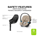 Cybex Balios S Lux + Aton G2 travel system featuring a beige infant car seat and base, detailing safety features and compliance standards.
