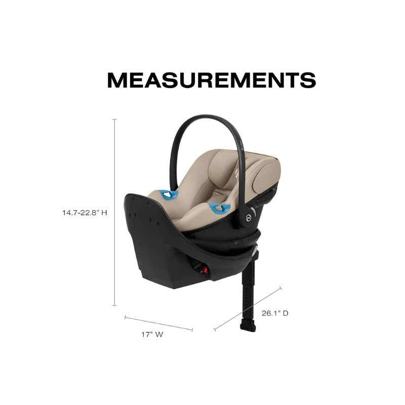 Cybex Aton G2 infant car seat in Almond Beige with measurements displaying height, width, and depth.