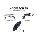 Accessories for the Cybex Balios S Lux travel system: snack tray, kid board, and parasol, all sold separately.