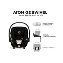 Cybex Aton G2 Swivel infant car seat in Moon Black, featuring a chest clip and swivel load leg base, with an included infant insert.