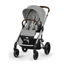 Cybex Balios S Lux stroller in Stone Grey with a brown handlebar, featuring a spacious seat and large wheels for stability.