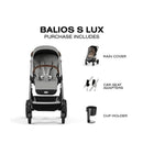 Cybex Balios S Lux travel system in Stone Grey, featuring a stroller, rain cover, car seat adapters, and cup holder.
