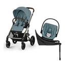 Cybex Balios S Lux stroller in Stormy Blue with a matching Aton G2 car seat, designed for travel convenience and safety.