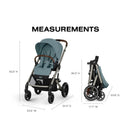 Cybex Balios S Lux travel system in Stormy Blue, showing stroller dimensions: 42.5” H, 23.6” W, 34.3” D, and folded size 30.3” H, 17.7” W, 23.6” D.