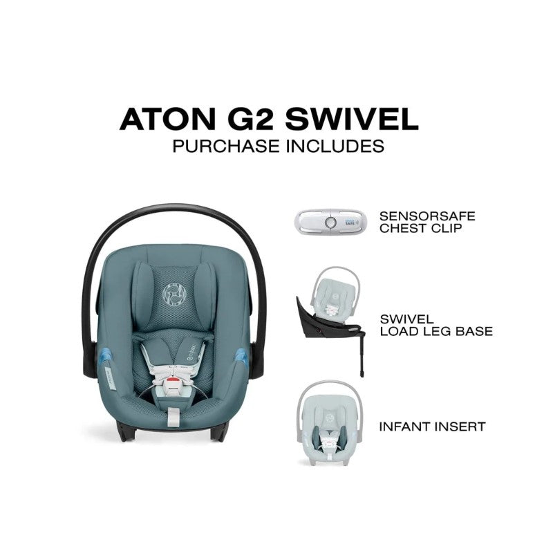 Aton G2 Swivel infant car seat in Stormy Blue with included SensorSafe chest clip, swivel load leg base, and infant insert.