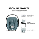 Aton G2 Swivel infant car seat in Stormy Blue with included SensorSafe chest clip, swivel load leg base, and infant insert.