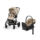 Cybex Balios S Lux stroller in almond beige with a matching Cloud G Pro infant car seat.