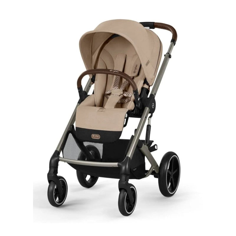 Cybex Balios S Lux stroller in Almond Beige with a padded seat, adjustable canopy, and large wheels for smooth mobility.