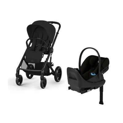 Cybex Balios S Lux stroller and Cloud G Pro car seat in Moon Black, equipped and designed for travel convenience.