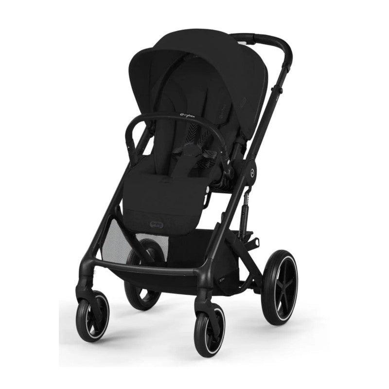Cybex Balios S Lux stroller in Moon Black, featuring a sleek design, spacious seat, and large wheels for smooth mobility.