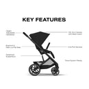 Cybex Balios S Lux travel system in Moon Black with adjustable handlebar, ergonomic near lie-flat seat, and XXL sun canopy.