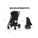 Cybex Balios S Lux stroller shown in Moon Black with measurements for assembled and folded dimensions.