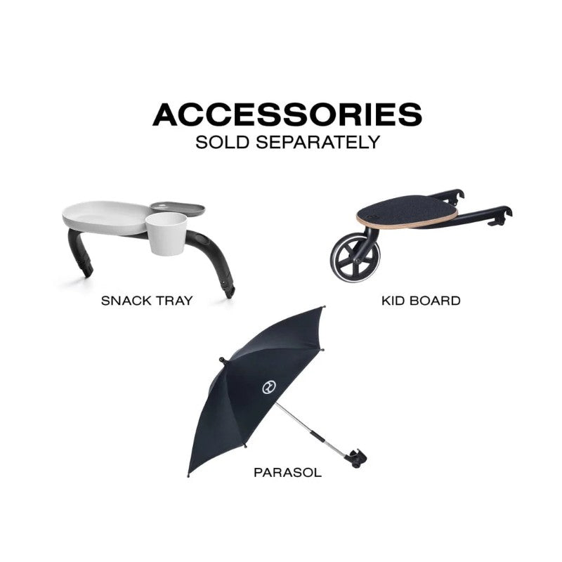 Snack tray, kid board, and parasol accessories for the Cybex Balios S Lux travel system, labeled as sold separately.