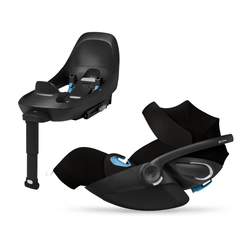 Cybex Balios S Lux + Cloud G Pro Travel System in Moon Black, featuring a car seat base and detachable infant seat.
