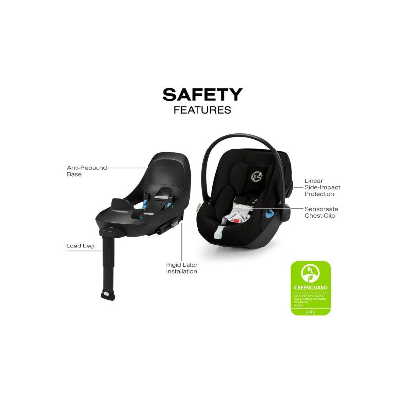 Cybex Cloud G Pro car seat with safety features such as anti-rebound base, load leg, and linear side-impact protection.